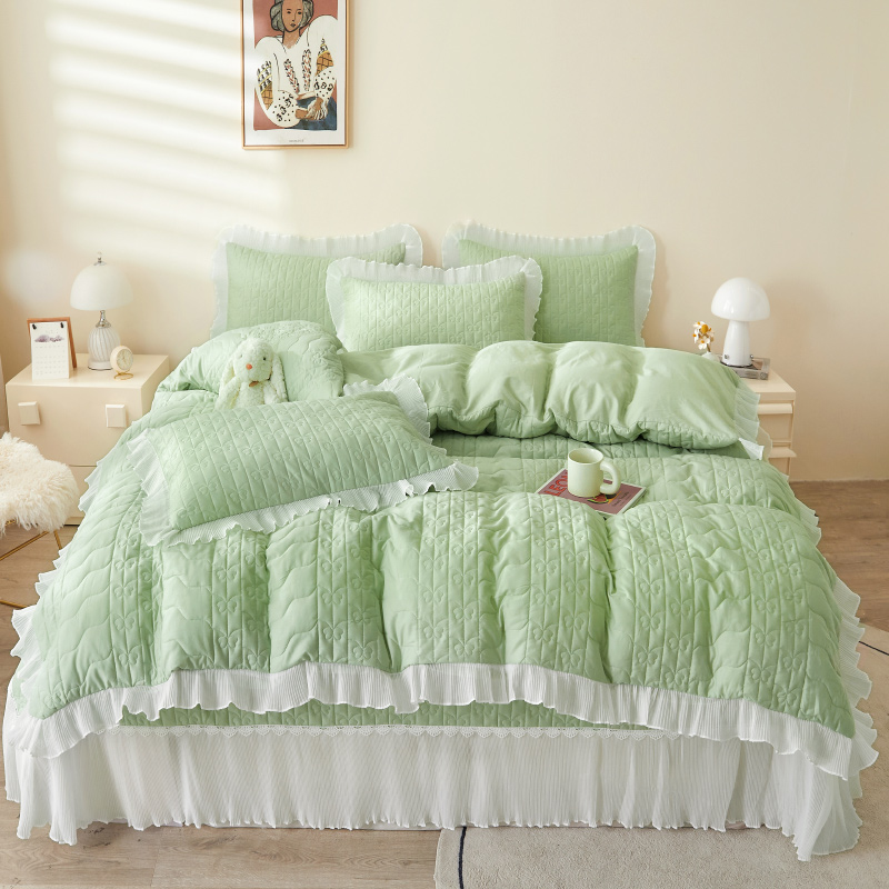 2023新款全棉床盖纯色系列夹棉被套四件套 1.5m床盖款四件套 嫩绿