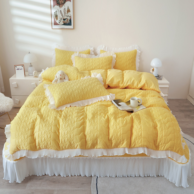 2023新款全棉床盖纯色系列夹棉被套四件套 1.5m床盖款四件套 柠檬黄