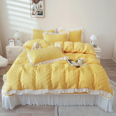 2023新款全棉床盖纯色系列夹棉被套四件套 1.5m床盖款四件套 柠檬黄