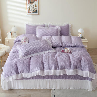 2023新款全棉床盖纯色系列夹棉被套四件套 1.5m床盖款四件套 舒心紫