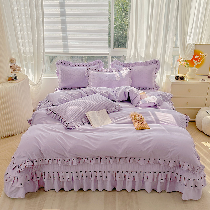 2024新款全棉花边夹棉心晴系列床盖四件套 1.2m床盖款三件套 心情 优雅紫