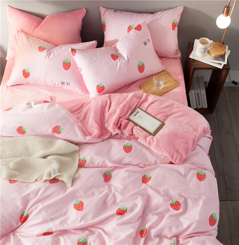 2018新品全棉法莱绒四件套纯棉单被套法兰绒水晶绒棉加绒 1.5m（5英尺）床 粉草莓