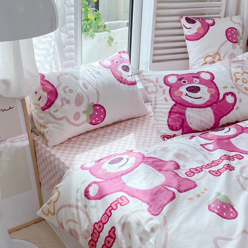 2022官方授权全棉迪士尼四件套纯棉床单床裙款套件 1.2m（4英尺）床 草莓熊