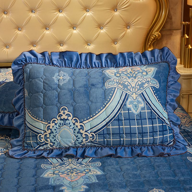 2019新款水晶绒印花蕾丝绣花套件—单品枕套（48cmX74cm/对） 48cmX74cm 光影流年蓝