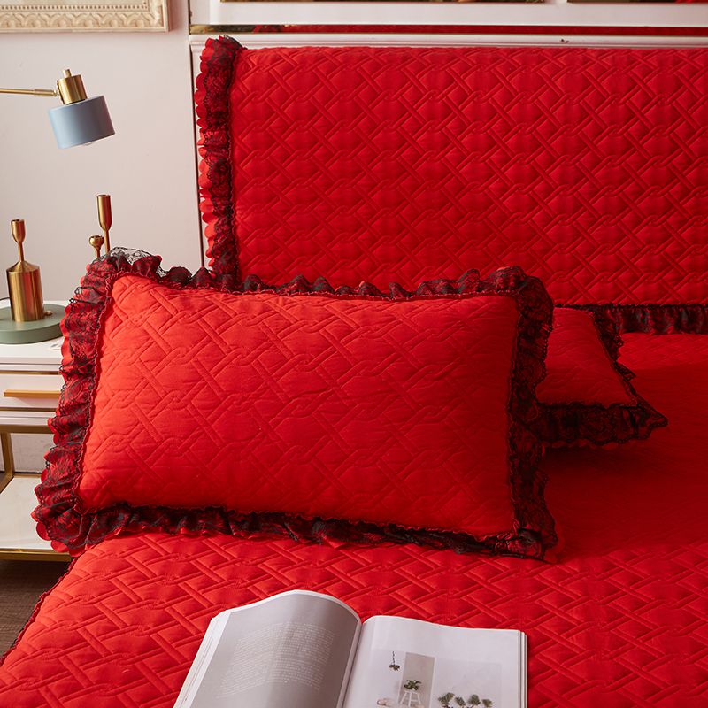 2019新款磨毛夹棉蕾丝套件—单品枕套（48cmX74cm/对） 48cmX74cm/对 大红