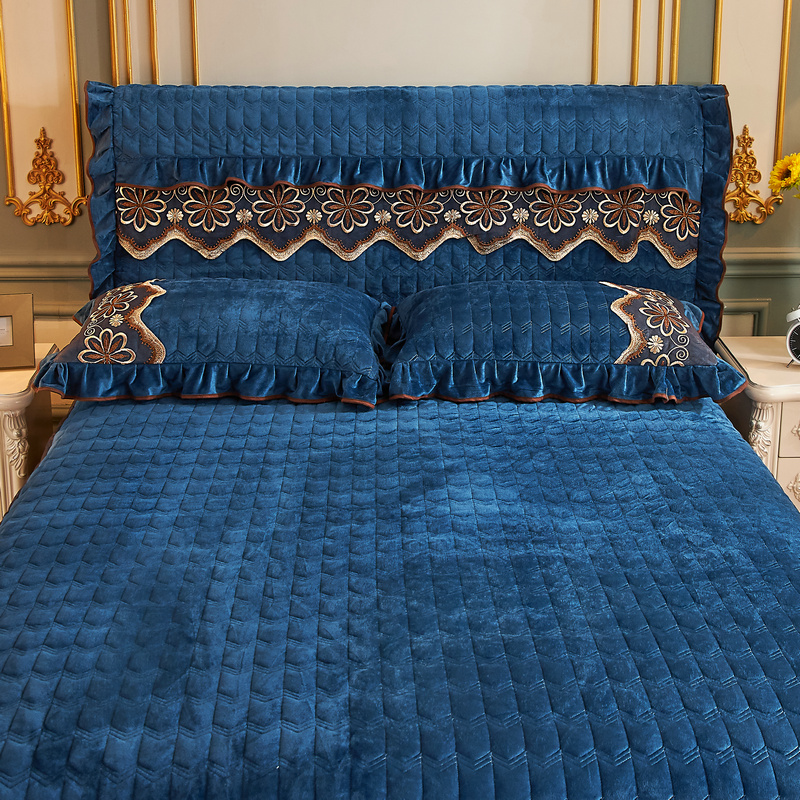 2021新款素色夹棉水晶绒刺绣系列套件—单品床头罩 1.8m*0.6m 宝蓝