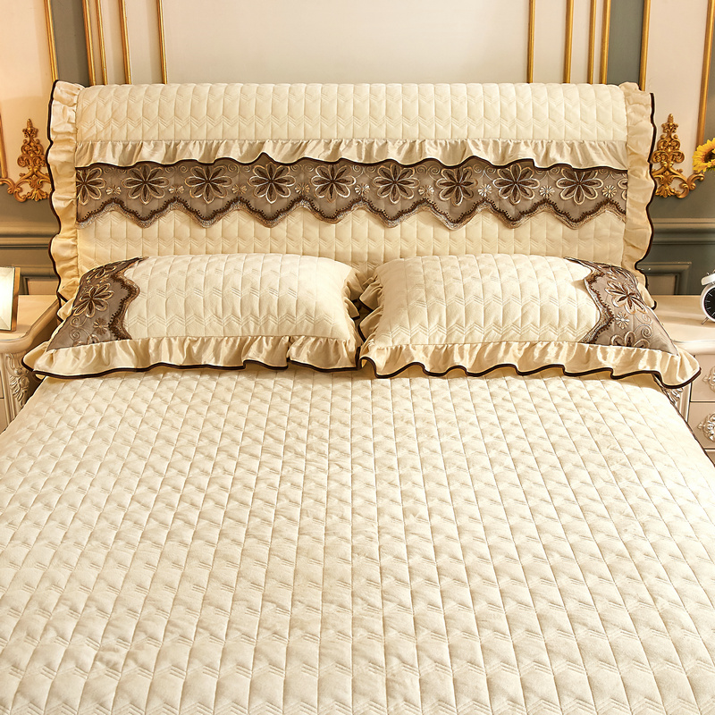 2021新款素色夹棉水晶绒刺绣系列套件—单品床头罩 1.8m*0.6m 米黄