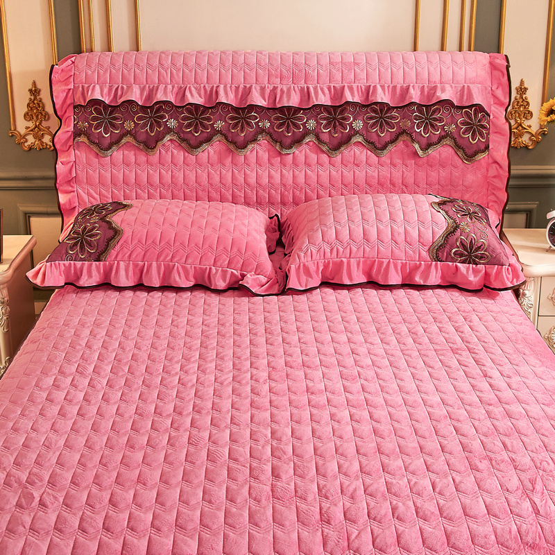 2021新款素色夹棉水晶绒刺绣系列套件—单品床头罩 1.8m*0.6m 玉粉