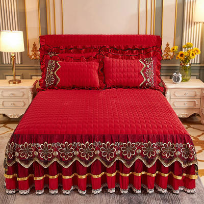 2021新款素色夹棉水晶绒刺绣系列套件—床裙三件套 180cmx200cm 玛雅红