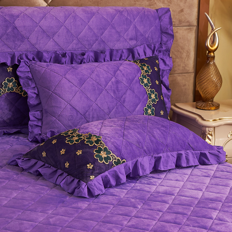 2020新款素色法莱绒夹棉刺绣床裙款系列套件—单品枕套 48cmX74cm/对 紫色