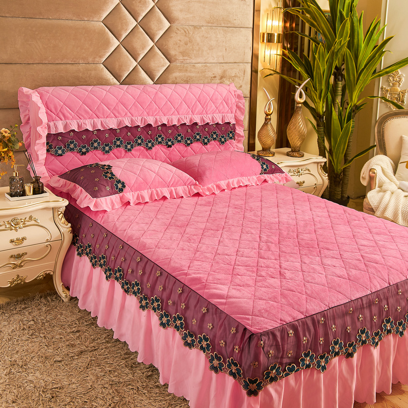 2020新款素色法莱绒夹棉刺绣床裙款系列套件—单品床头罩 1.8m*0.6m 粉色