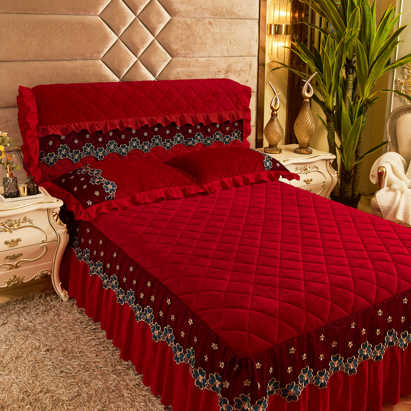 2020新款素色法莱绒夹棉刺绣床裙款系列套件—单品床头罩 1.8m*0.6m 红色