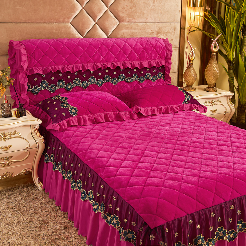 2020新款素色法莱绒夹棉刺绣床裙款系列套件—单品床头罩 1.8m*0.6m 玫红