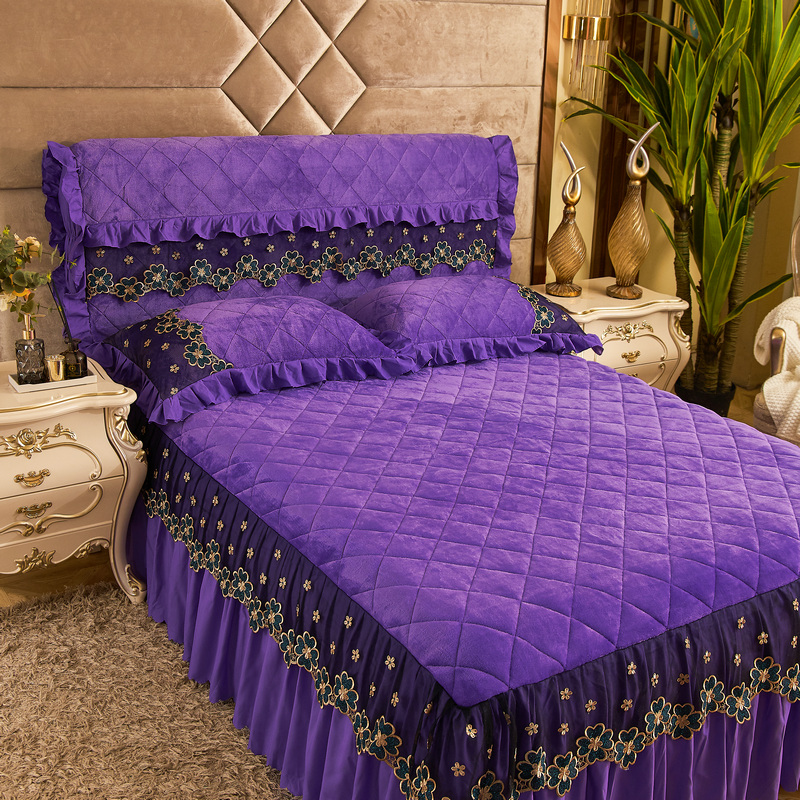 2020新款素色法莱绒夹棉刺绣床裙款系列套件—单品床头罩 1.8m*0.6m 紫色