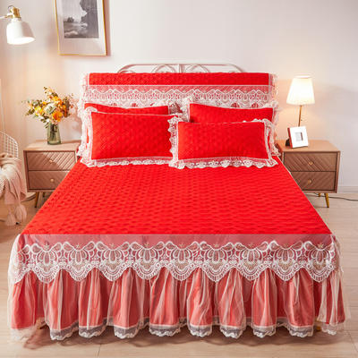 2021新款夹棉磨毛床裙系列四件套 1.5m床裙款 慕斯-红色（三件套）