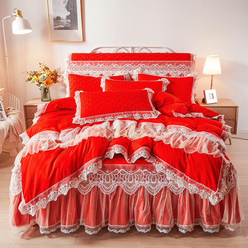 2021新款夹棉磨毛床裙系列四件套 1.5m床裙款 慕斯-红色（四件套）