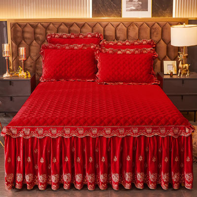 2021新款素色夹棉水晶绒系列（花漾情怀）单件床裙 1.8m*2.0m 大红