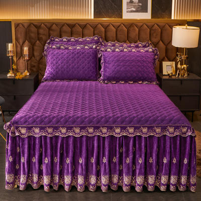 2021新款素色夹棉水晶绒系列（花漾情怀）单件床裙 1.8m*2.0m 紫色