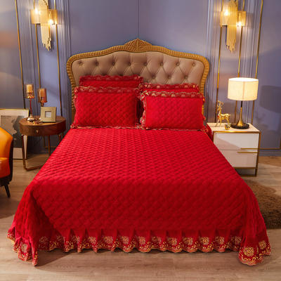 2021新款素色夹棉水晶绒系列（花漾情怀）单件床盖 250*270 大红