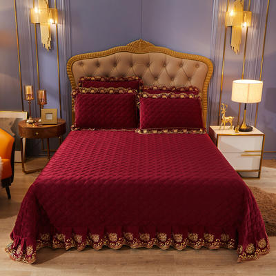 2021新款素色夹棉水晶绒系列（花漾情怀）单件床盖 250*270 酒红