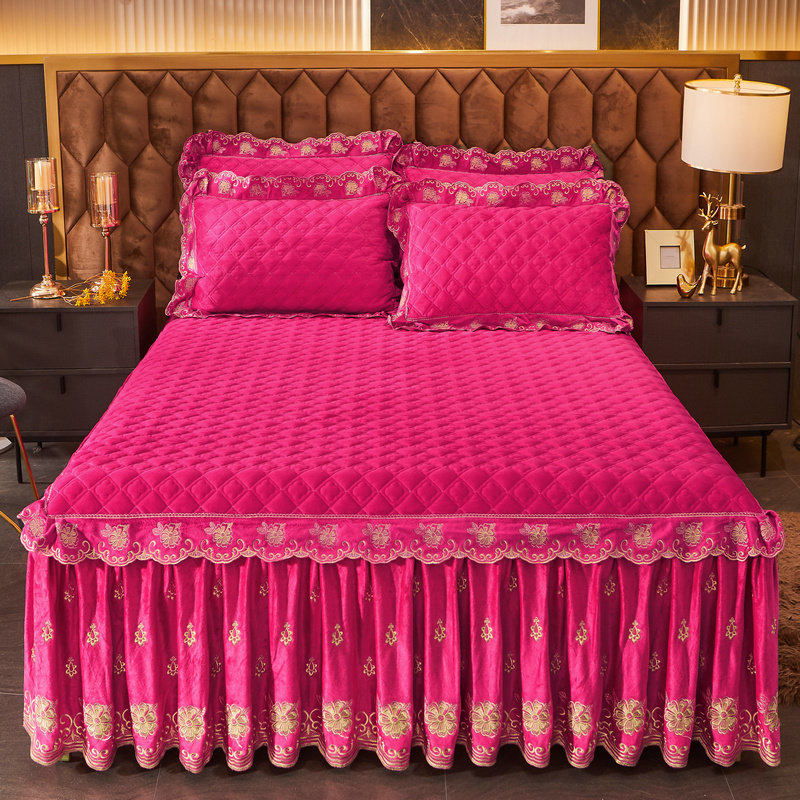 2021新款素色夹棉水晶绒系列（花漾情怀）床裙三件套 1.8m*2m床裙款三件套 玫红