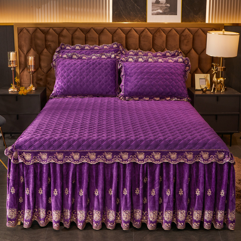 2021新款素色夹棉水晶绒系列（花漾情怀）床裙三件套 1.8m*2m床裙款三件套 紫色