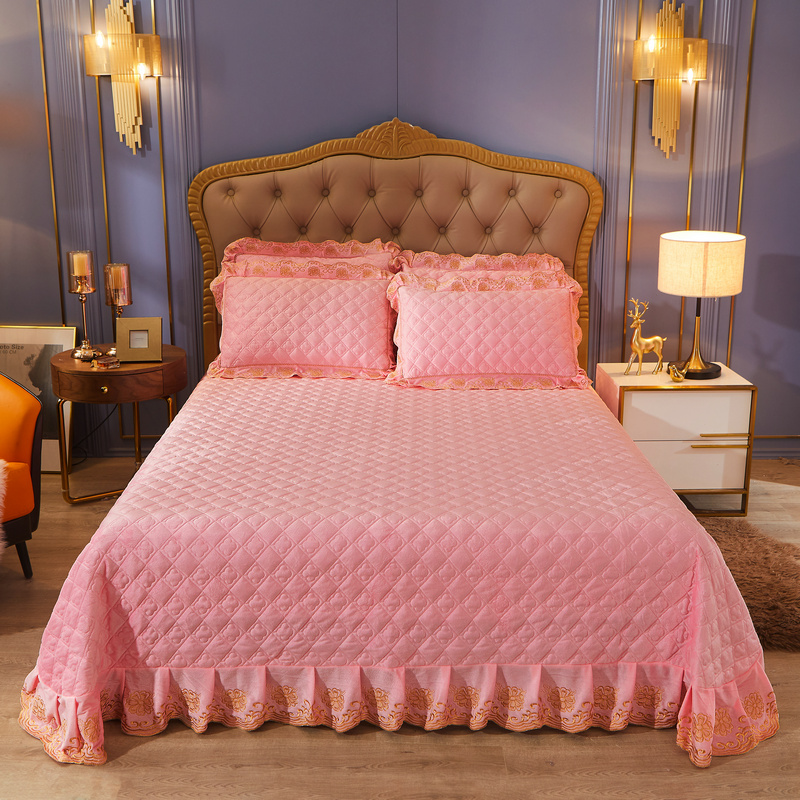 2021新款素色夹棉水晶绒系列（花漾情怀）床盖三件套 250*270床盖款三件套 粉玉