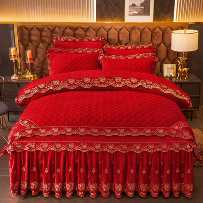 2021新款素色夹棉水晶绒系列（花漾情怀）床裙四件套 1.8m*2.0m床裙款四件套 大红