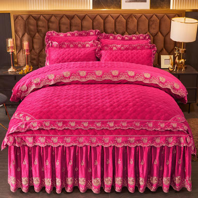 2021新款素色夹棉水晶绒系列（花漾情怀）床裙四件套 1.8m*2.0m床裙款四件套 玫红