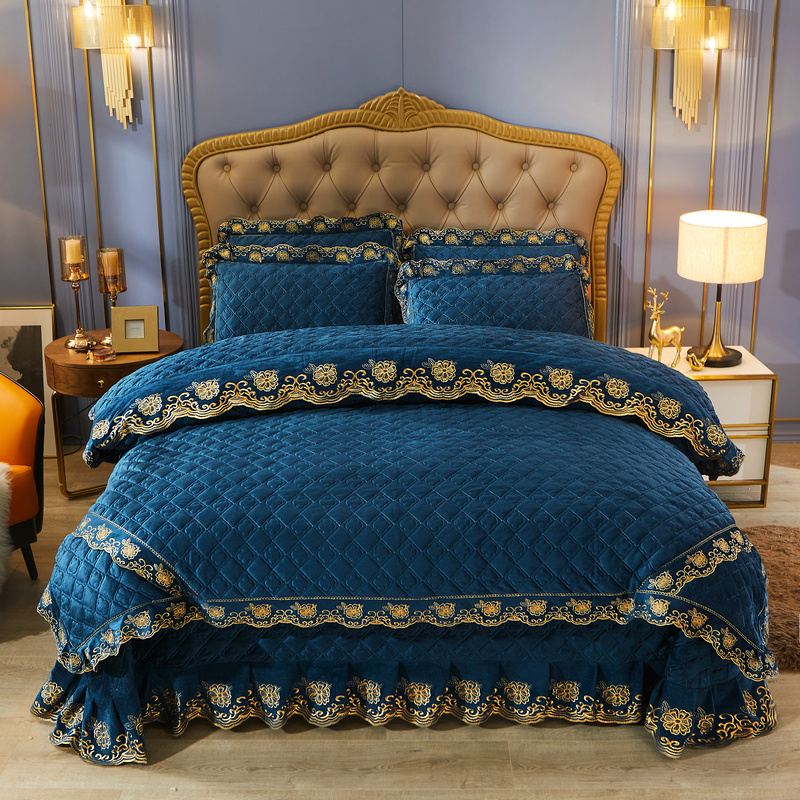 2021新款素色夹棉水晶绒系列（花漾情怀） 床盖四件套 1.8m床盖款四件套 宝蓝