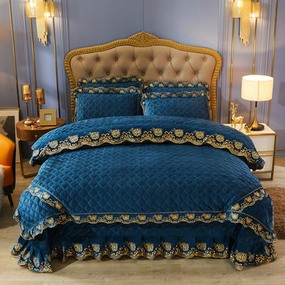 2021新款素色夹棉水晶绒系列（花漾情怀） 床盖四件套 1.5m床盖款四件套 宝蓝