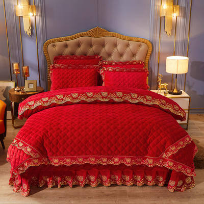 2021新款素色夹棉水晶绒系列（花漾情怀） 床盖四件套 1.8m床盖款四件套 大红
