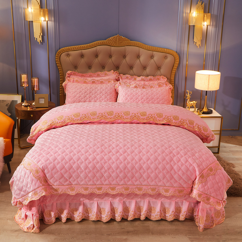 2021新款素色夹棉水晶绒系列（花漾情怀） 床盖四件套 1.8m床盖款四件套 粉玉