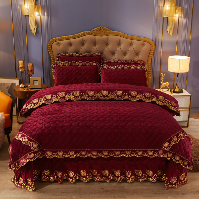 2021新款素色夹棉水晶绒系列（花漾情怀） 床盖四件套 1.5m床盖款四件套 酒红