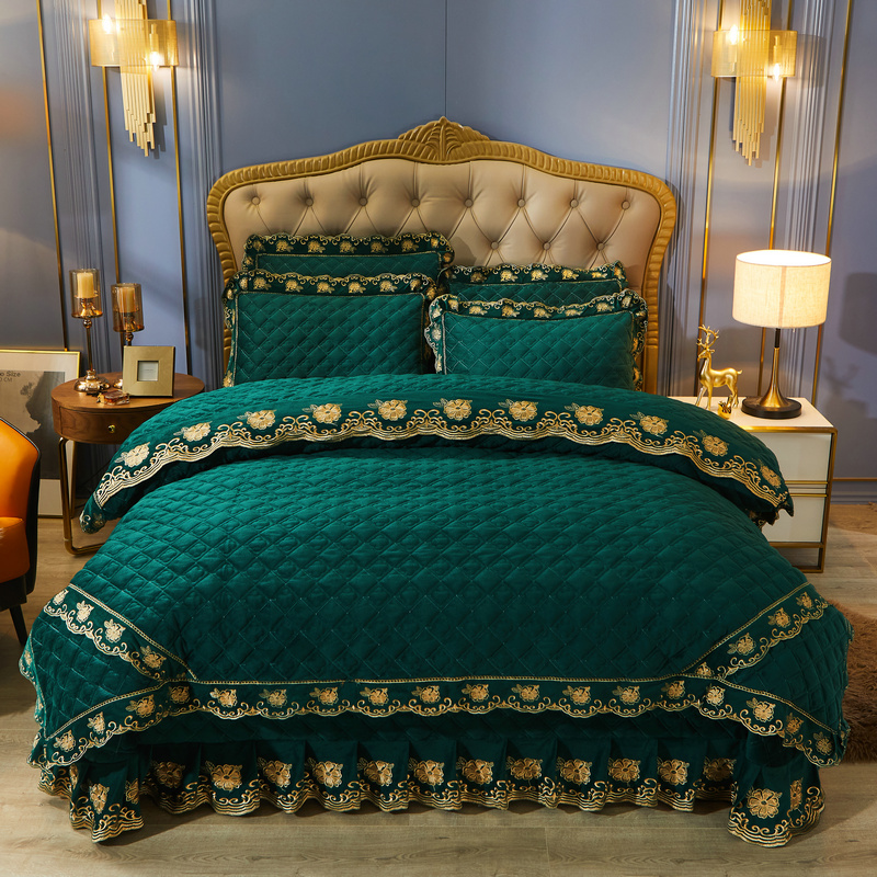 2021新款素色夹棉水晶绒系列（花漾情怀） 床盖四件套 1.5m床盖款四件套 孔雀绿