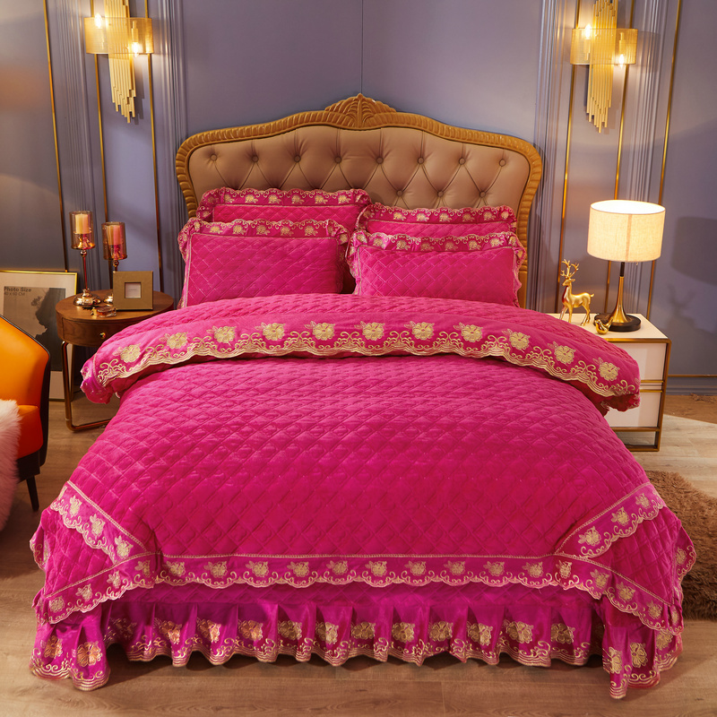 2021新款素色夹棉水晶绒系列（花漾情怀） 床盖四件套 1.5m床盖款四件套 玫红