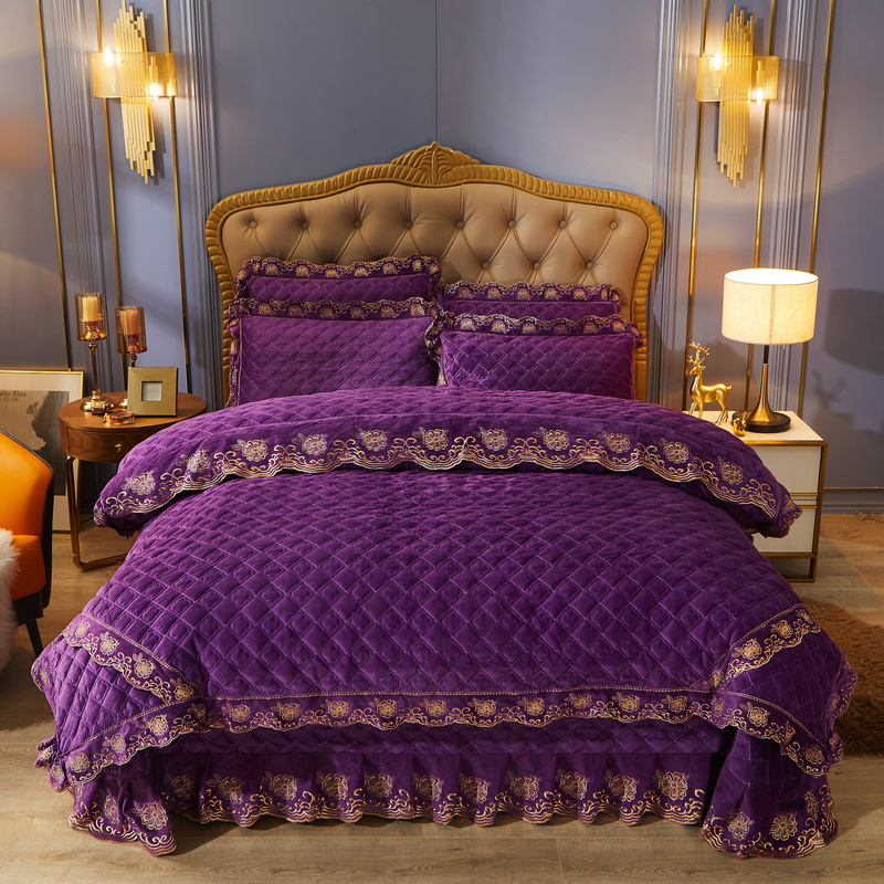 2021新款素色夹棉水晶绒系列（花漾情怀） 床盖四件套 1.5m床盖款四件套 紫色