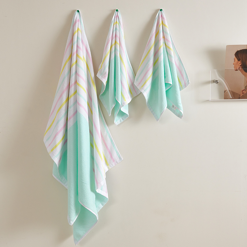2023新款全棉毛巾浴巾三件套-彩虹线条 35x75cm 彩虹线条-绿