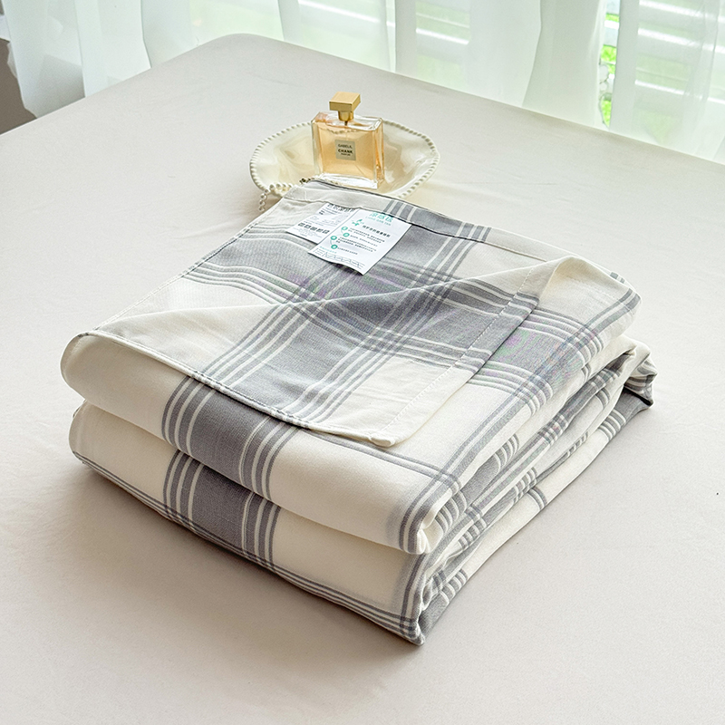 2024新款竹纤维双层毛巾被盖毯空调夏凉被冷感毯 200x230cm 蓝白格
