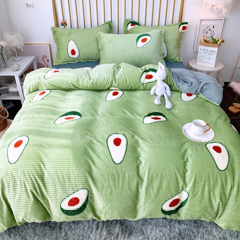 2019新款-印花双面魔法绒三件套四件套 床单款四件套1.5m（5英尺）床 牛油绿