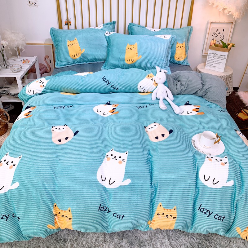 2019新款-印花双面魔法绒三件套四件套 床单款四件套1.5m（5英尺）床 小懒猫