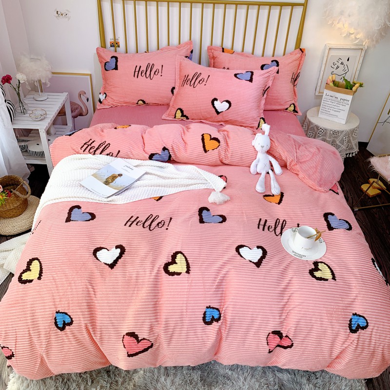 2019新款-印花双面魔法绒三件套四件套 床单款四件套1.5m（5英尺）床 心心相印