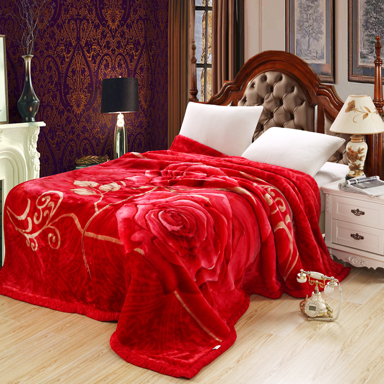 2023新款拉舍尔毛毯加厚单双人双层婚庆学生绒毯盖毯 150x200cm 4斤 玫瑰情深-大红