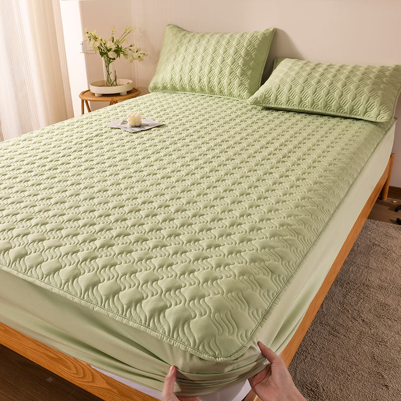 2023新款A类母婴级抗菌纤维夹棉床笠床垫罩 90x200cm 波纹-抹茶绿