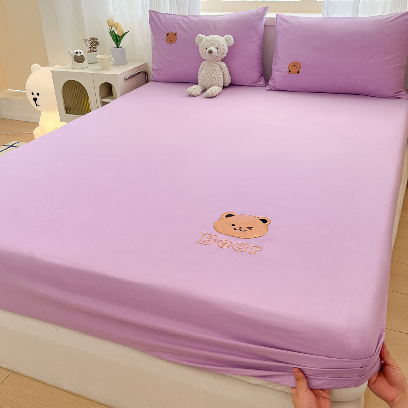 2024新款A类全棉纯色刺绣床笠床罩床垫保护套 90cmx200cm 熊熊-星野紫