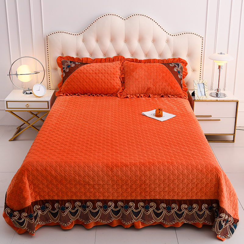 2023新款宝宝绒欧式花边夹棉床盖系列-单床盖 250*270cm单床盖 橘色