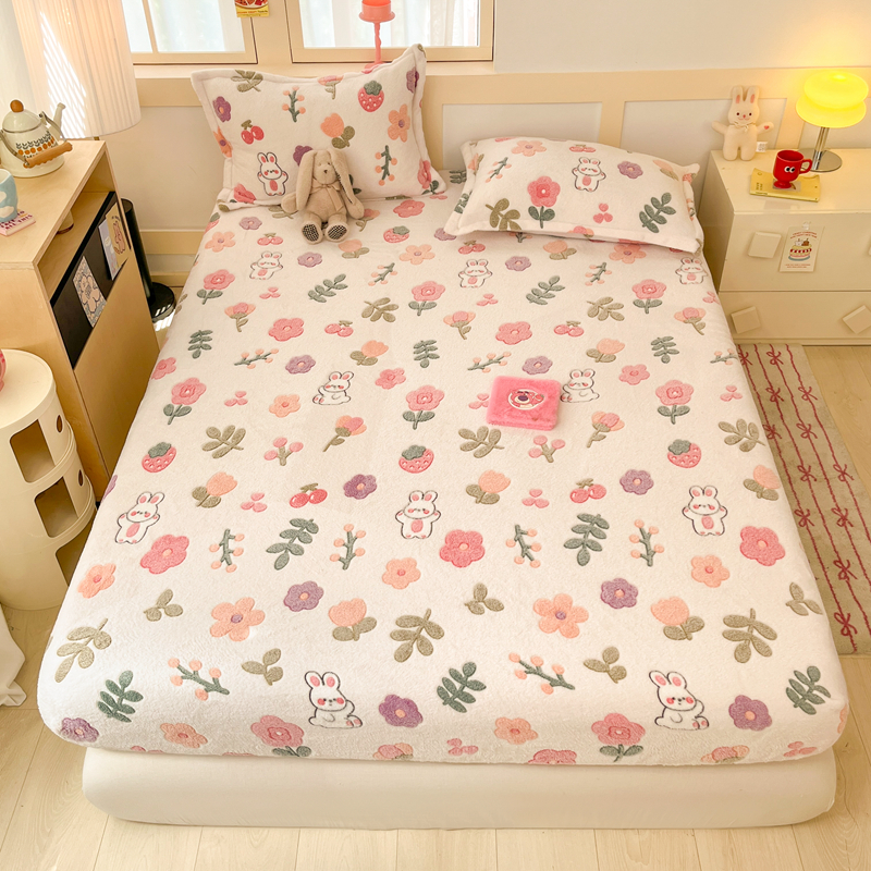 2025新款高克重雪花绒卡通印花加厚保暖大床单床笠 床笠花田米兔