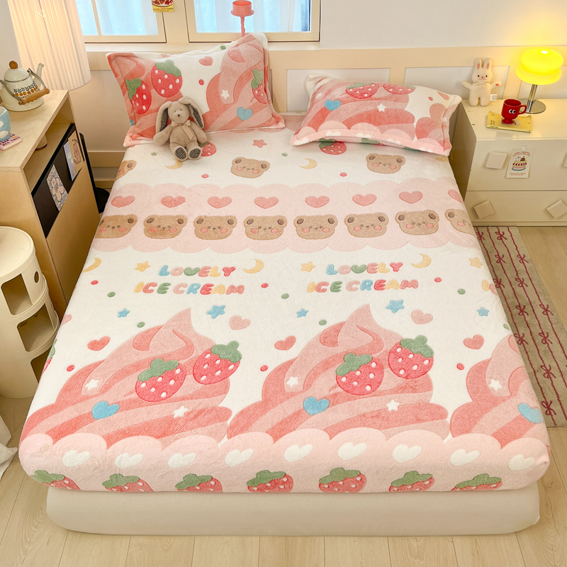 2025新款高克重雪花绒卡通印花加厚保暖大床单床笠 床笠冰激凌小熊