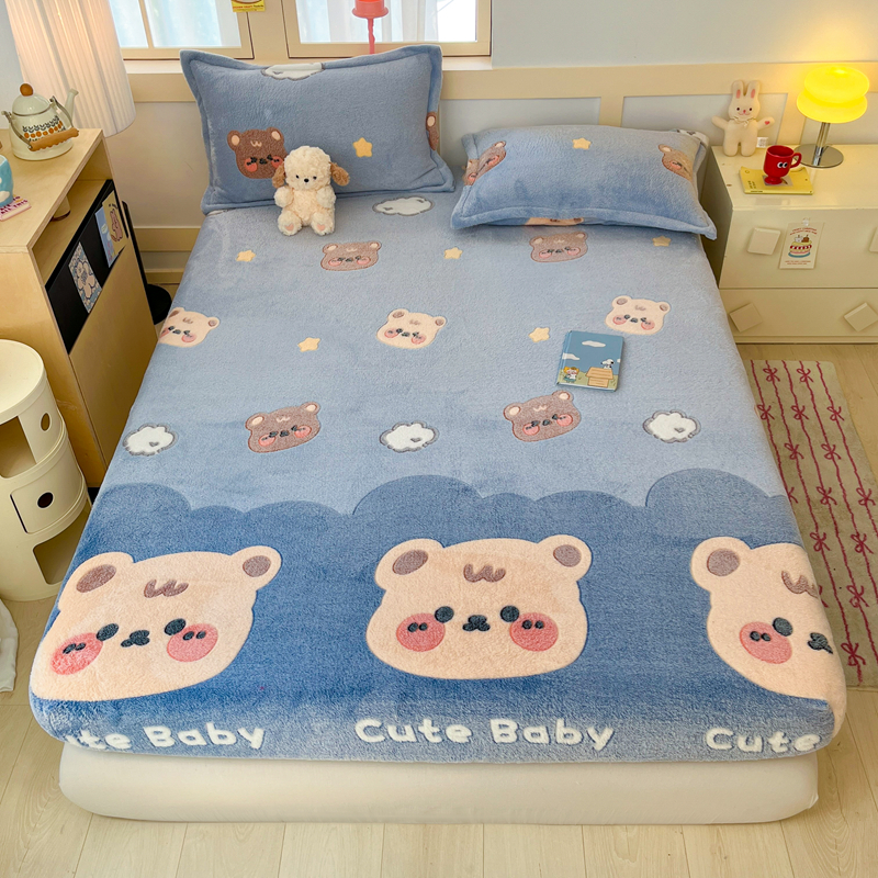 2025新款高克重雪花绒卡通印花加厚保暖大床单床笠 床笠熊小巴