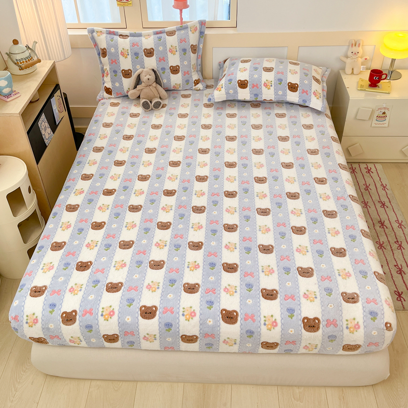 2025新款高克重雪花绒卡通印花加厚保暖大床单床笠 床笠小熊花园